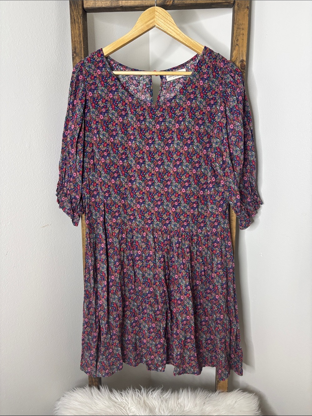 NATURAL LIFE Purple Floral Midi Dress with Pink Accents Size L/XL